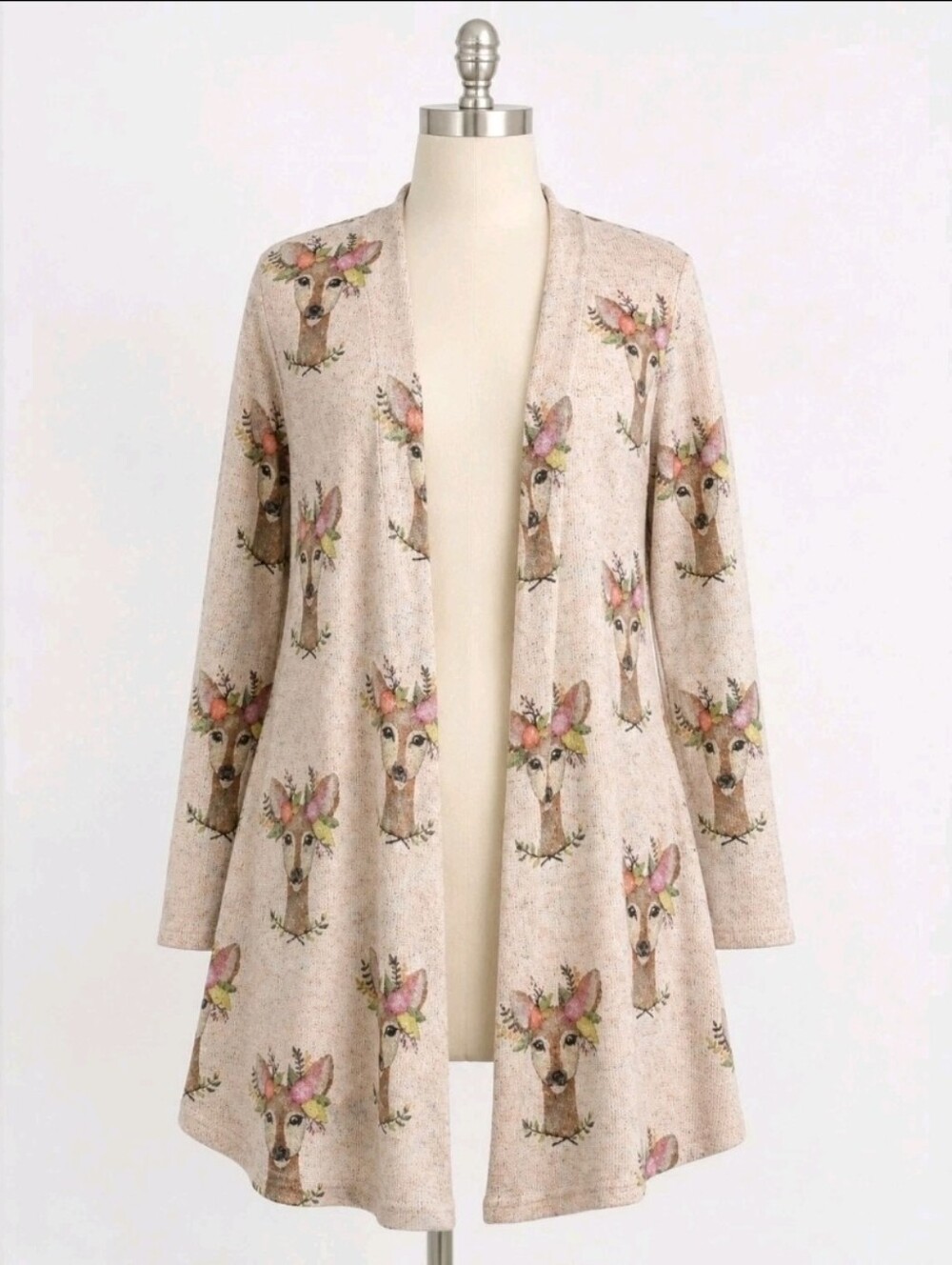 Judith March Whimsical Crown Deer Print Open Front Sweater Cardigan Woodland MED